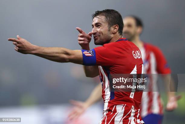 Gabi of Atletico Madrid celebrates scoring his team's third goal of the game during the UEFA Europa League Final between Olympique de Marseille and...