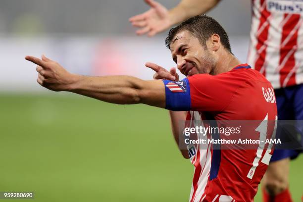 Gabi of Atletico Madrid celebrates scoring a goal to make it 0-3 during the UEFA Europa League Final between Olympique de Marseille and Club Atletico...