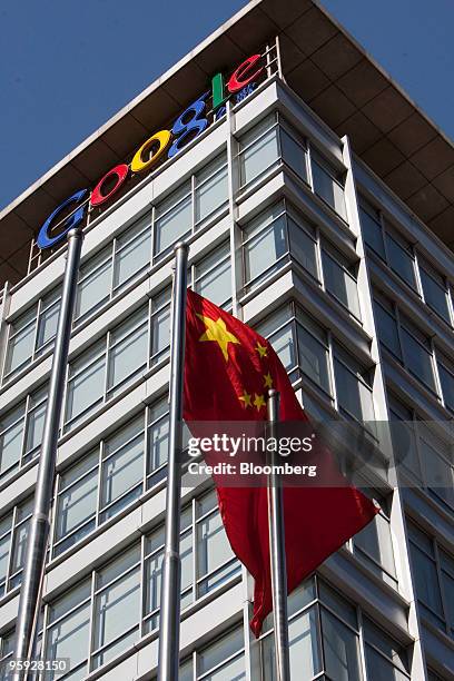 The Chinese flag flies outside the Google Inc. Offices in Beijing, China, on Friday, Jan. 22, 2010. Google, clashing with the Chinese government over...