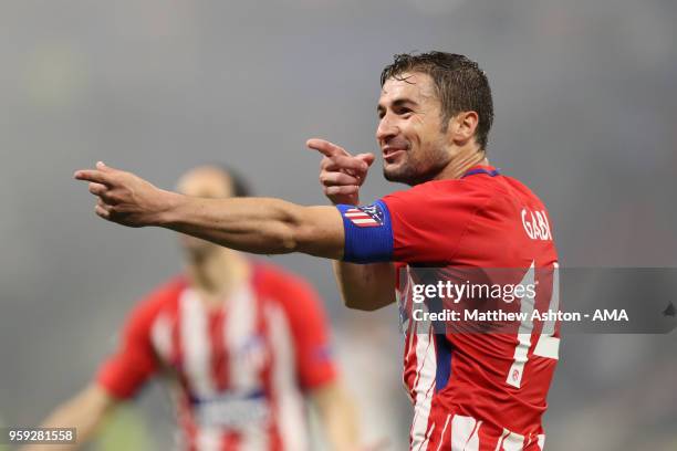 Gabi of Atletico Madrid celebrates scoring a goal to make it 0-3 during the UEFA Europa League Final between Olympique de Marseille and Club Atletico...