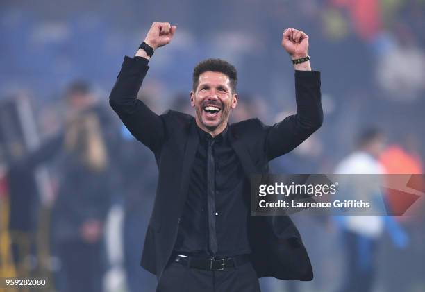 Diego Simeone, Coach of Atletico Madrid celebrates his team's victory in the UEFA Europa League Final between Olympique de Marseille and Club...