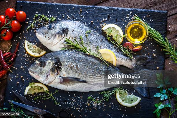 daurade et ingrédients pour la cuisson et assaisonnement - poisson cru photos et images de collection