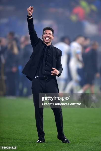 Diego Simeone, Coach of Atletico Madrid celebrates his team's victory in the UEFA Europa League Final between Olympique de Marseille and Club...