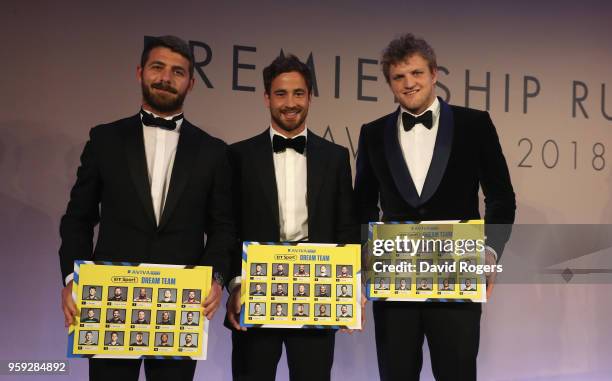 Willie le Roux, Danny Cipriani, and Jamie Gibson of Northampton Saints reprenting the BT Sport Dream Team pose during the Premiership Rugby Awards...