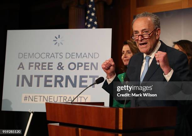 Senate Majority Leader Charles Schumer speaks at a press conference at the Capitol Building on May 16, 2018 in Washington, DC. The Senate voted and...