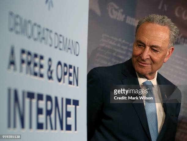 Senate Majority Leader Charles Schumer attends a press conference at the Capitol Building on May 16, 2018 in Washington, DC. The Senate voted and...