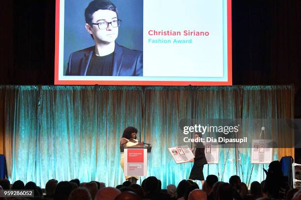 Danielle Brooks and Christian Siriano speak on stag at the Bottomless Closet's 19th Annual Spring Luncheon on May 16, 2018 in New York City.