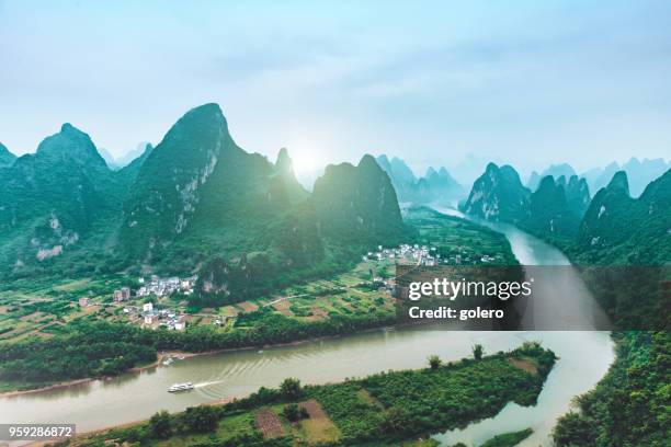 wide panoramic view on li river with karst mountains - xingping stock pictures, royalty-free photos & images