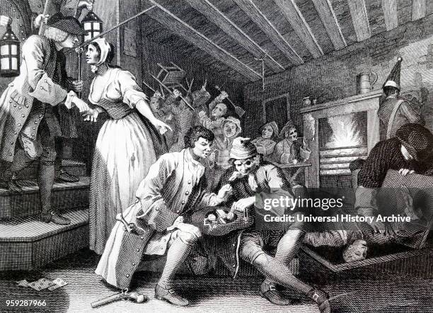 Illustration titled 'Industry and Idleness'. The illustration depicts arrest of the idle apprentice. Illustrated William Hogarth an English painter,...