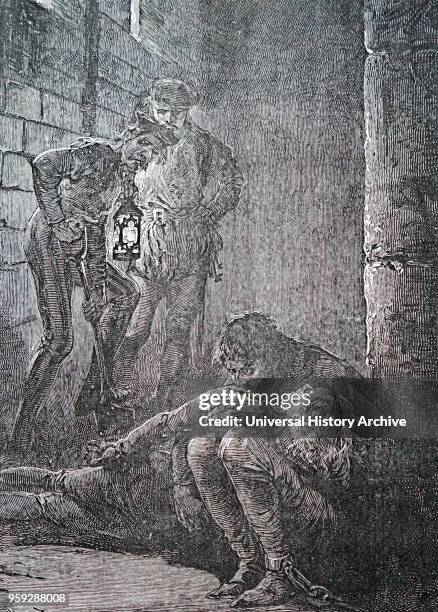 Illustration titled 'The Prisoner of Chillon'. The illustration depicts the Prisoner holding the body of his last younger brother in his arm. Dated...