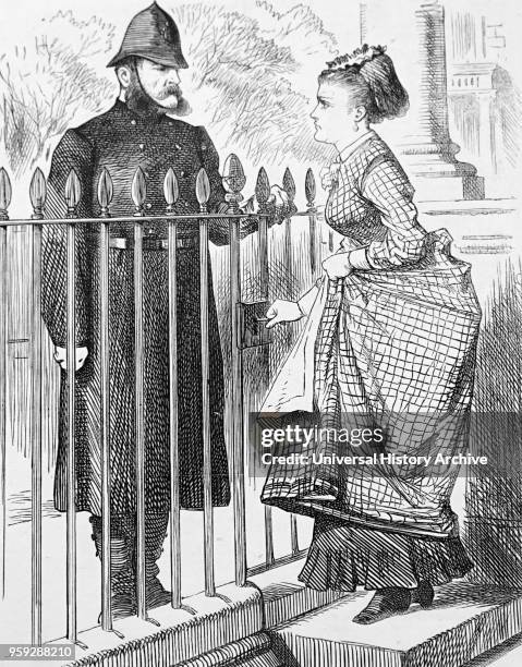 Cartoon depicting a policeman speaking with a young woman. Illustrated by John Tenniel an English illustrator, graphic humourist, and political...
