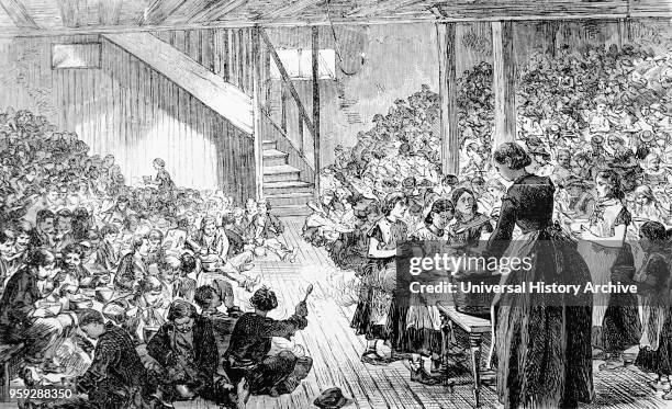 Illustration depicting children at the Clare Market Ragged School, St Clement Danes, being given their weekly free dinner. Dated 19th Century.