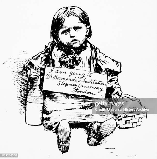 Cartoon depicting a child being sent to Dr. Barnardo's children home in Stepney. Dated 19th Century.