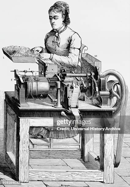 Cigarette making machine operated by a woman worker. The machine could produce 960 cigarettes per hour. American 1878.