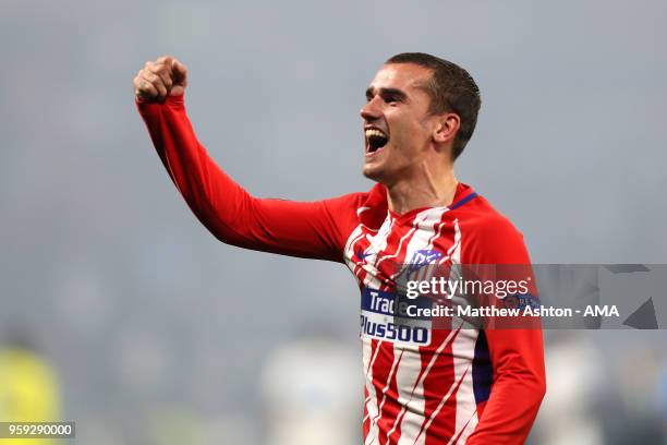 Antoine Griezmann of Atletico Madrid celebrates at the end of the UEFA Europa League Final between Olympique de Marseille and Club Atletico de Madrid...