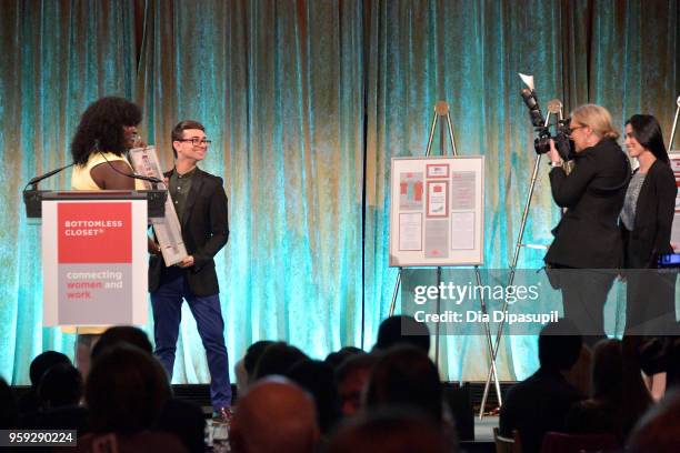 Danielle Brooks and Christian Siriano pose on stage at the Bottomless Closet's 19th Annual Spring Luncheon on May 16, 2018 in New York City.