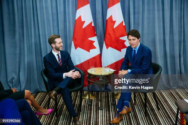 Canada's Prime Minister Justin Trudeau, right, meets with AppNexus President Michael Rubinstein on May 16, 2018 in New York City.