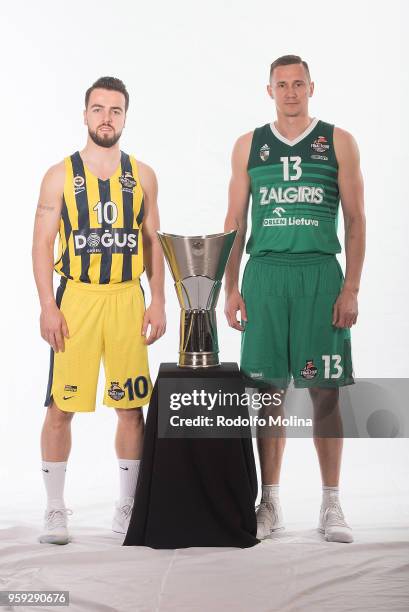 Melih Mahmutoglu, #10 of Fenerbahce Dogus Istanbul and Paulius Jankunas, #13 of Zalgiris Kaunas poses during the 2018 Turkish Airlines EuroLeague F4...