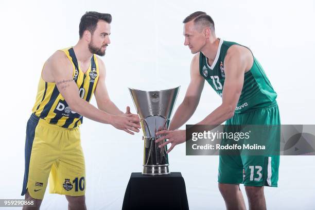 Melih Mahmutoglu, #10 of Fenerbahce Dogus Istanbul and Paulius Jankunas, #13 of Zalgiris Kaunas poses during the 2018 Turkish Airlines EuroLeague F4...