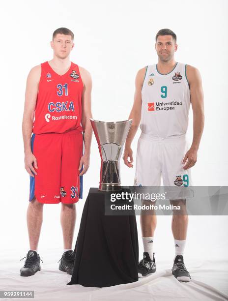 Victor Khryapa, #31 of CSKA Moscow and Felipe Reyes, #9 of Real Madrid poses during the 2018 Turkish Airlines EuroLeague F4 Teams Captains with...