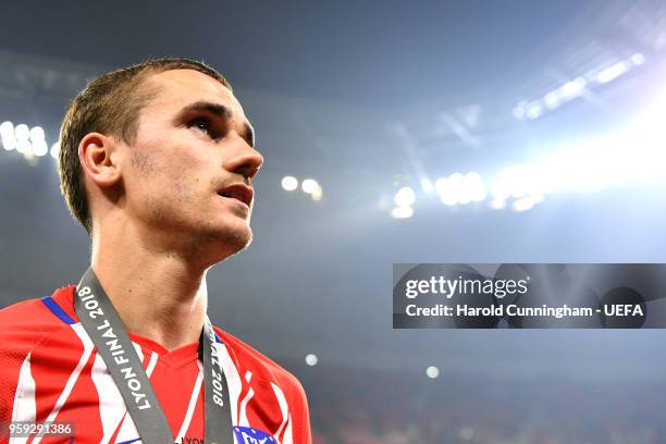 Antoine Griezmann of Atletico Madrid looks on following the UEFA Europa League Final between Olympique de Marseille and Club Atletico de Madrid at...