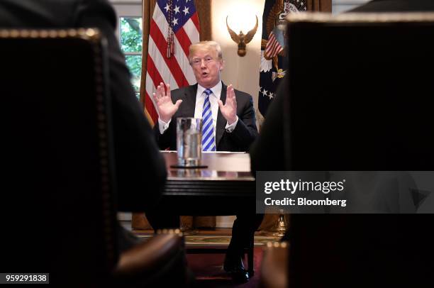 President Donald Trump speaks during a meeting with California leaders and public officials in the Cabinet Room of the White House in Washington,...