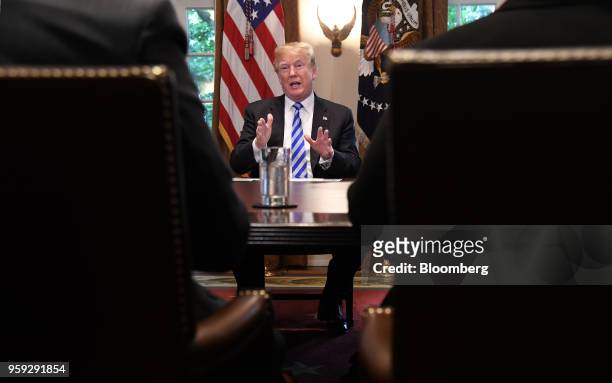President Donald Trump speaks during a meeting with California leaders and public officials in the Cabinet Room of the White House in Washington,...