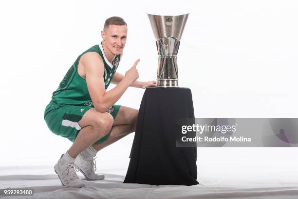 Paulius Jankunas, #13 of Zalgiris Kaunas poses during the 2018 Turkish Airlines EuroLeague F4 Teams Captains with Champion Trophy Photo Session at...
