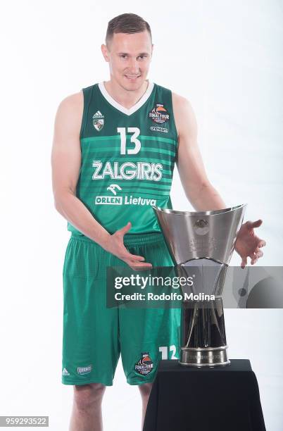 Paulius Jankunas, #13 of Zalgiris Kaunas poses during the 2018 Turkish Airlines EuroLeague F4 Teams Captains with Champion Trophy Photo Session at...