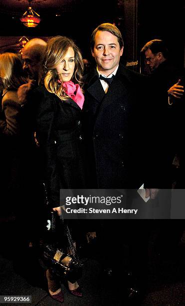 Actors Sarah Jessica Parker and Matthew Broderick attend the opening night of "Present Laughter" on Broadway at the American Airlines Theatre on...