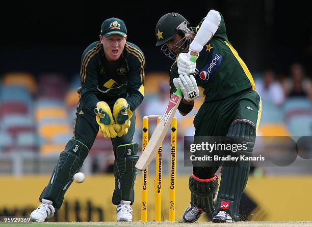 Shoaib Malik of Pakistan bats during the first One Day International match between Australia and Pakistan at The Gabba on January 22, 2010 in...