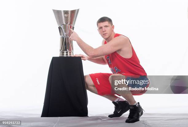 Victor Khryapa, #31 of CSKA Moscow poses during the 2018 Turkish Airlines EuroLeague F4 Teams Captains with Champion Trophy Photo Session at Hyatt...