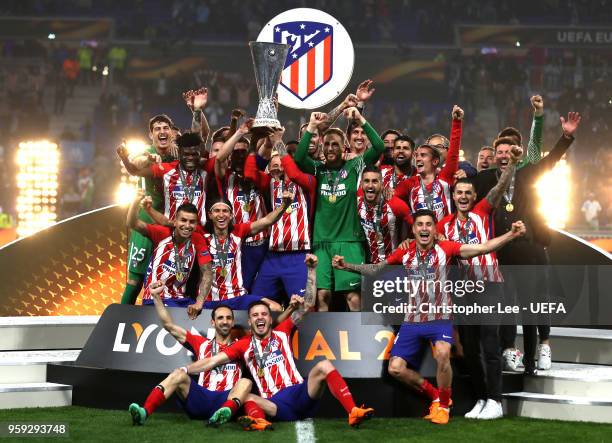 Atletico Madrid players lift The Europa League trophy after the UEFA Europa League Final between Olympique de Marseille and Club Atletico de Madrid...