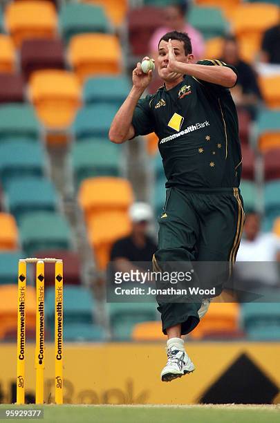 Clint McKay of Australia in action during the first One Day International match between Australia and Pakistan at The Gabba on January 22, 2010 in...