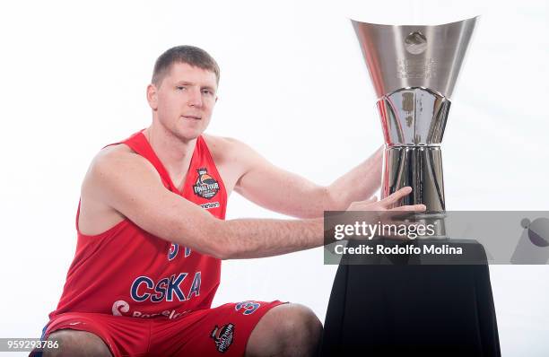 Victor Khryapa, #31 of CSKA Moscow poses during the 2018 Turkish Airlines EuroLeague F4 Teams Captains with Champion Trophy Photo Session at Hyatt...