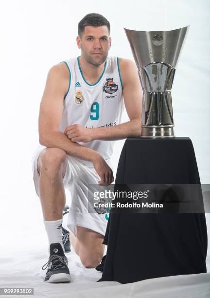 Felipe Reyes, #9 of Real Madrid poses during the 2018 Turkish Airlines EuroLeague F4 Teams Captains with Champion Trophy Photo Session at Hyatt...