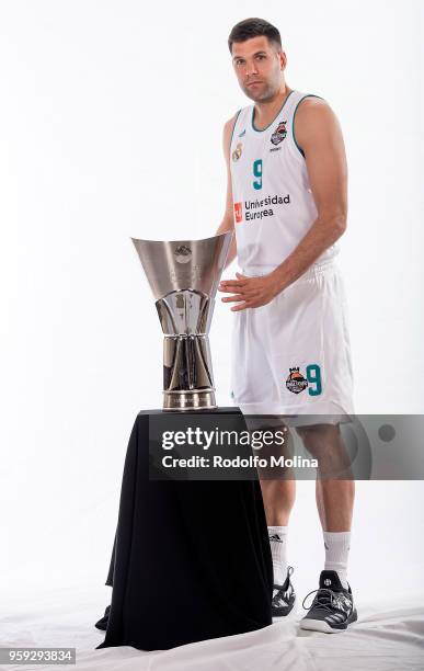 Felipe Reyes, #9 of Real Madrid poses during the 2018 Turkish Airlines EuroLeague F4 Teams Captains with Champion Trophy Photo Session at Hyatt...