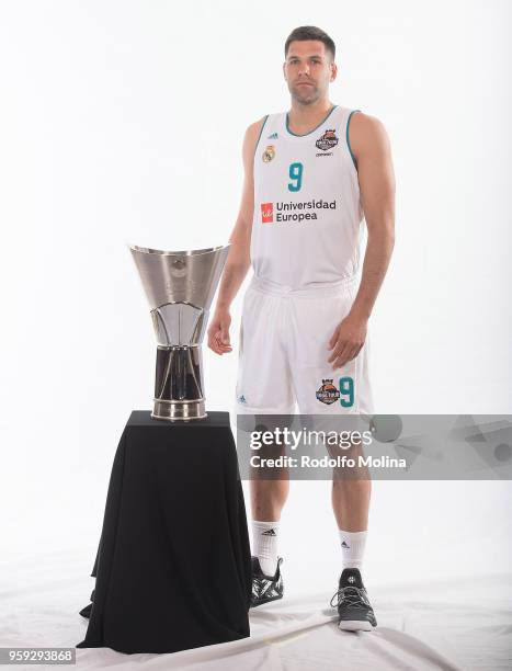 Felipe Reyes, #9 of Real Madrid poses during the 2018 Turkish Airlines EuroLeague F4 Teams Captains with Champion Trophy Photo Session at Hyatt...