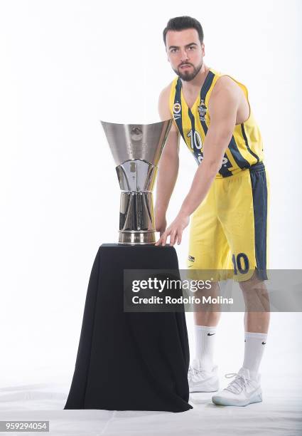 Melih Mahmutoglu, #10 of Fenerbahce Dogus Istanbul poses during the 2018 Turkish Airlines EuroLeague F4 Teams Captains with Champion Trophy Photo...