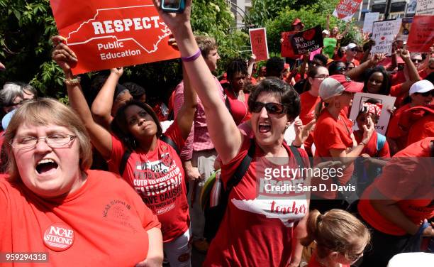 Crowds cheer during the Rally for Respect outside the North Carolina Legislative Building on May 16, 2018 in Raleigh, North Carolina. Several North...