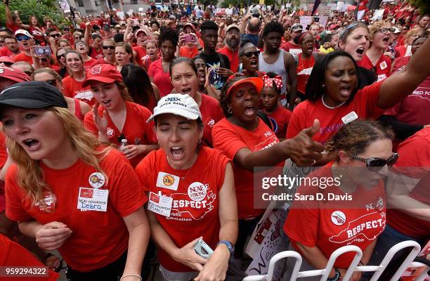 Crowds cheer during the Rally for Respect outside the North Carolina Legislative Building on May 16, 2018 in Raleigh, North Carolina. Several North...