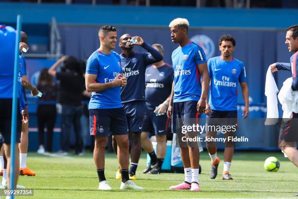 Hatem Ben Arfa and Presnel Kimpembe of PSG during the training session of Paris Saint Germain at Parc des Princes on May 16, 2018 in Paris, France.