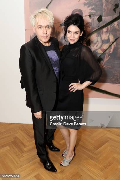 Musician Nick Rhodes and Nefer Suvio attend Pace Gallery Celebrates Julian Schnabel at 6 Burlington Gardens on May 16, 2018 in London, England.