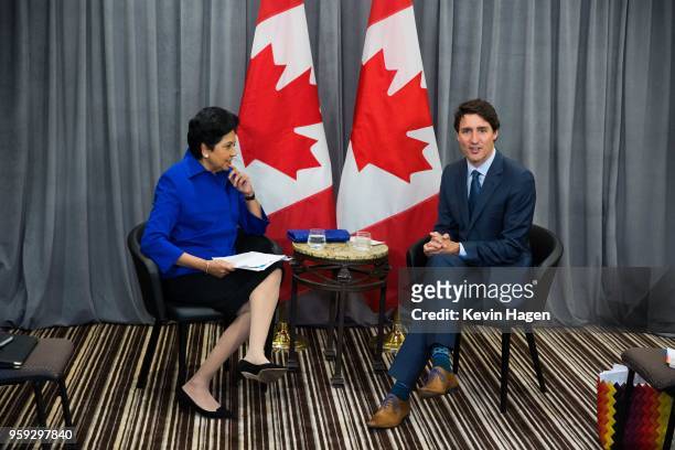 Canada's Prime Minister Justin Trudeau meets with Pepsi CEO and Chairman Indra Nooyi on May 16, 2018 in New York City.