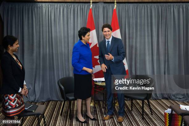 Canada's Prime Minister Justin Trudeau meets with Pepsi CEO and Chairman Indra Nooyi on May 16, 2018 in New York City.