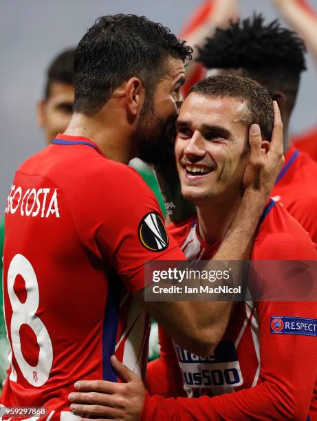 Antoine Griezmann and Diego Costa of Athletico Madrid celebrate during the UEFA Europa League Final between Olympique de Marseille and Club Atletico...
