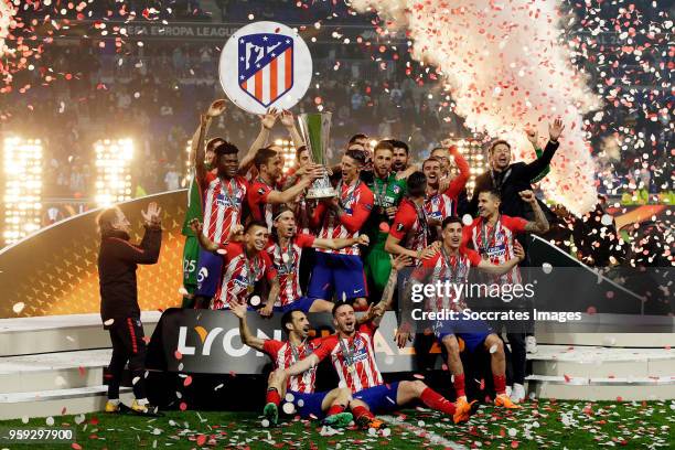 Miguel Angel Moya of Atletico Madrid, Diego Godin of Atletico Madrid, Filipe Luis of Atletico Madrid, Thomas Partey of Atletico Madrid, Koke of...