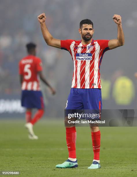 Diego Costa of Athletico Madrid celebrates at full time during the UEFA Europa League Final between Olympique de Marseille and Club Atletico de...