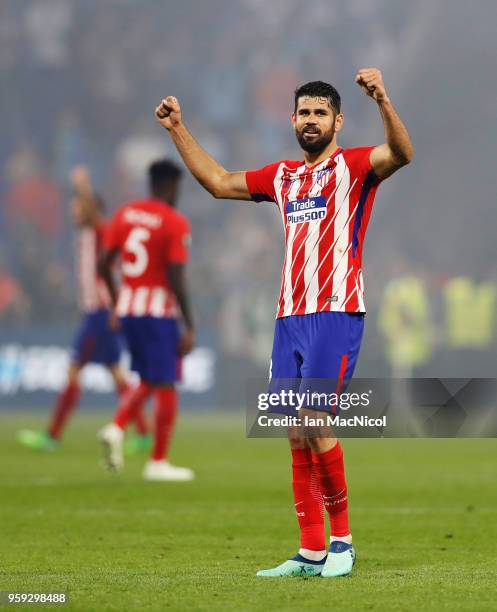 Diego Costa of Athletico Madrid celebrates at full time during the UEFA Europa League Final between Olympique de Marseille and Club Atletico de...