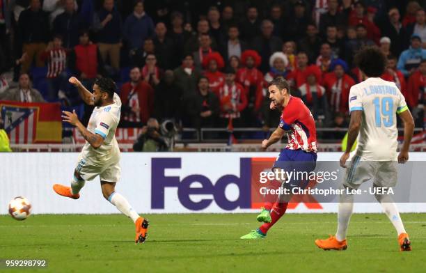 Gabi of Atletico Madrid scores his team's third goal of the game during the UEFA Europa League Final between Olympique de Marseille and Club Atletico...